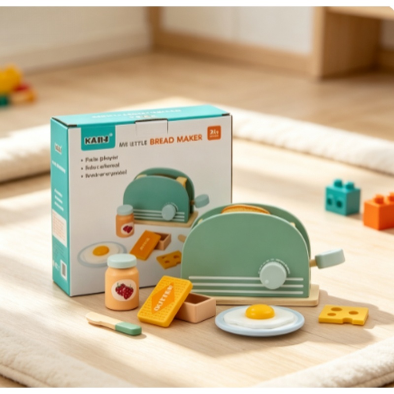 Kids Outdoor Kitchen Accessories - ของเล่นเครื่องปิ้งขนมปังจำลองไม้ ชุดของเล่นทำอาหารเช้าสำหรับเด็กเล่น ของขวัญสำหรับเด็กชายและเด็กหญิง